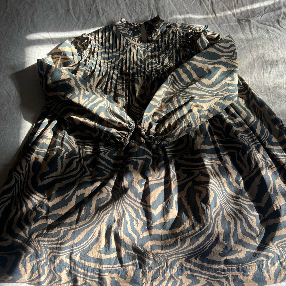 Ganni black and Tan Zebra Print Long Sleeve Dress